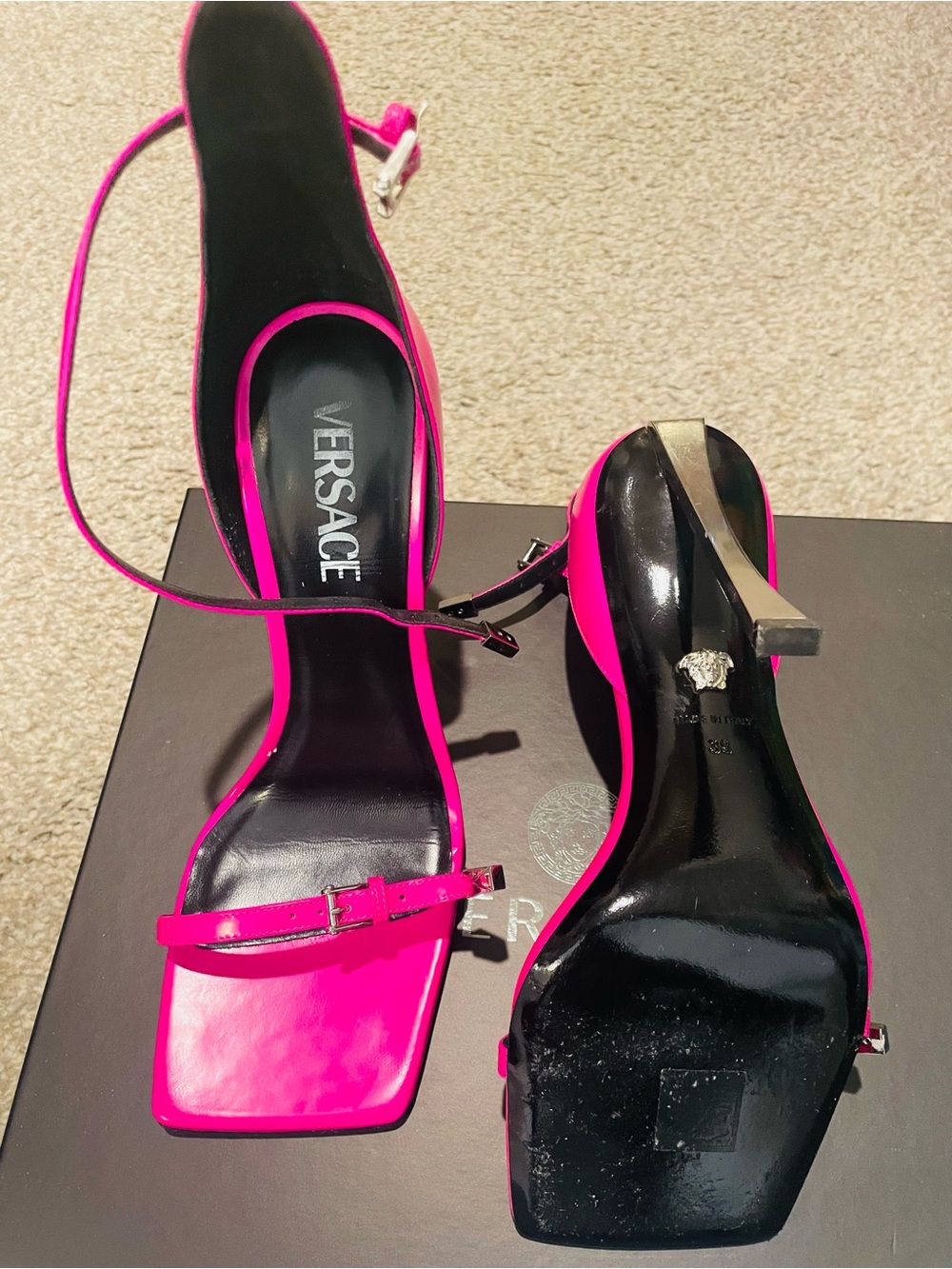 Versace Hot Pink Strappy Square-Toe Heeled Sandals - Picture 4 of 6